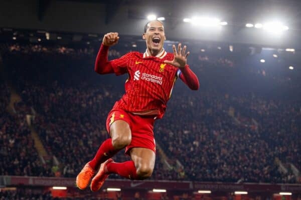 LIVERPOOL, ENGLAND - Thursday, February 6, 2025: Liverpool's captain Virgil van Dijk celebrates after scoring the fourth goal during the Football League Cup Semi-Final 2nd Leg match between Liverpool FC and Tottenham Hotspur FC at Anfield. (Photo by David Rawcliffe/Propaganda)