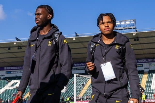 PLYMOUTH, ENGLAND - Sunday, February 9, 2025: Liverpool's Rio Ngumoha (R) arrives before the FA Cup 4th Round match between Plymouth Argyle FC and Liverpool FC at Home Park. (Photo by David Rawcliffe/Propaganda)