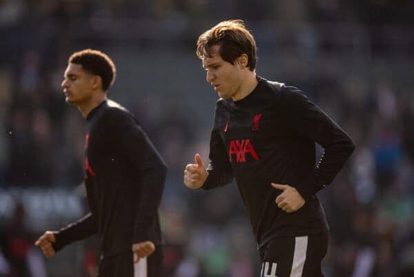 PLYMOUTH, ENGLAND - Sunday, February 9, 2025: Liverpool's Federico Chiesa during the pre-match warm-up before the FA Cup 4th Round match between Plymouth Argyle FC and Liverpool FC at Home Park. (Photo by David Rawcliffe/Propaganda)