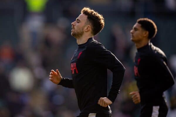 PLYMOUTH, ENGLAND - Sunday, February 9, 2025: Liverpool's Diogo Jota during the pre-match warm-up before the FA Cup 4th Round match between Plymouth Argyle FC and Liverpool FC at Home Park. (Photo by David Rawcliffe/Propaganda)