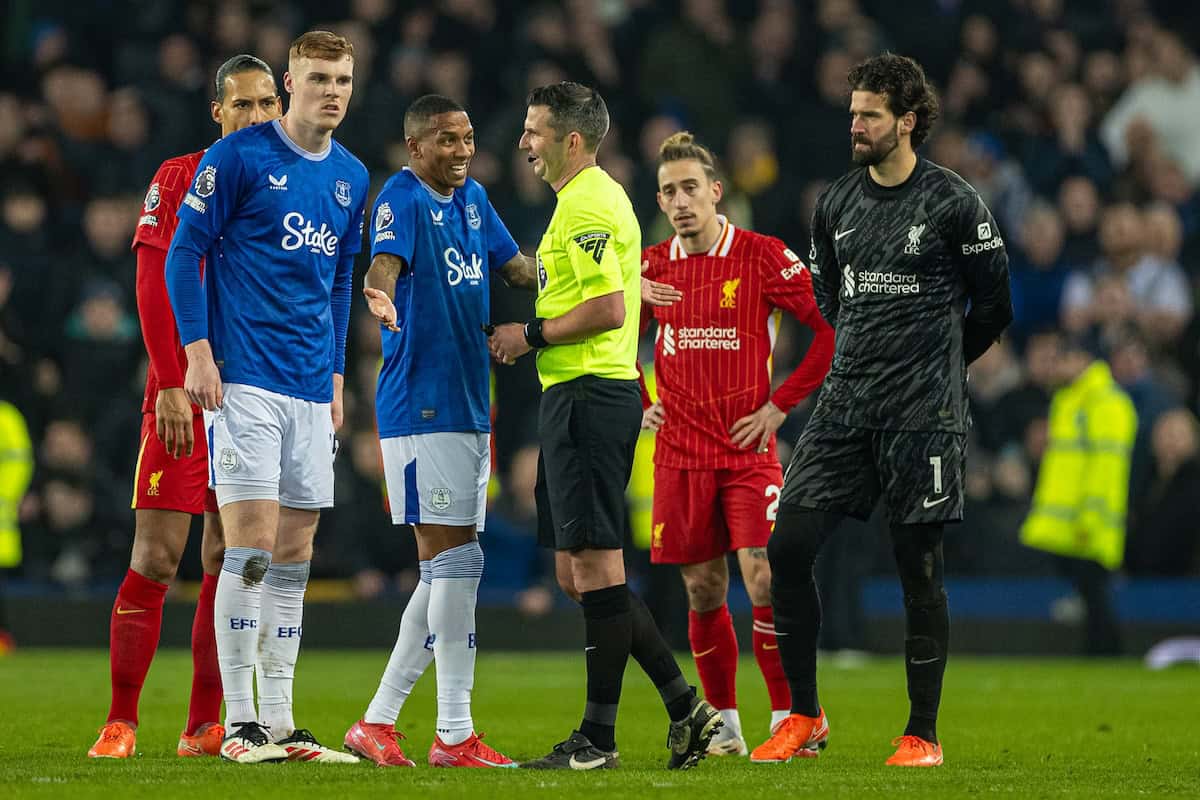 LIVERPOOL, ENGLAND - Wednesday, February 12, 2025: Everton's Ashley Young laughs with referee Michael Oliver during the FA Premier League match between Everton FC and Liverpool FC, the 245th Merseyside Derby and the last one at Goodison Park. The game ended in a 2-2 draw. (Photo by David Rawcliffe/Propaganda)