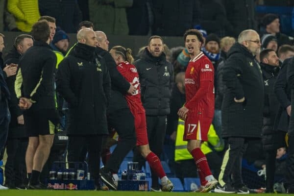 LIVERPOOL, ENGLAND - Wednesday, February 12, 2025: Liverpool's Curtis Jones walks off after the FA Premier League match between Everton FC and Liverpool FC, the 245th Merseyside Derby and the last one at Goodison Park. The game ended in a 2-2 draw. (Photo by David Rawcliffe/Propaganda)