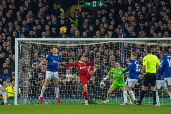 LIVERPOOL, ENGLAND - Wednesday, February 12, 2025: Liverpool's Alexis Mac Allister scores his side's first equalising goal during the FA Premier League match between Everton FC and Liverpool FC, the 245th Merseyside Derby and the last one at Goodison Park. (Photo by David Rawcliffe/Propaganda)