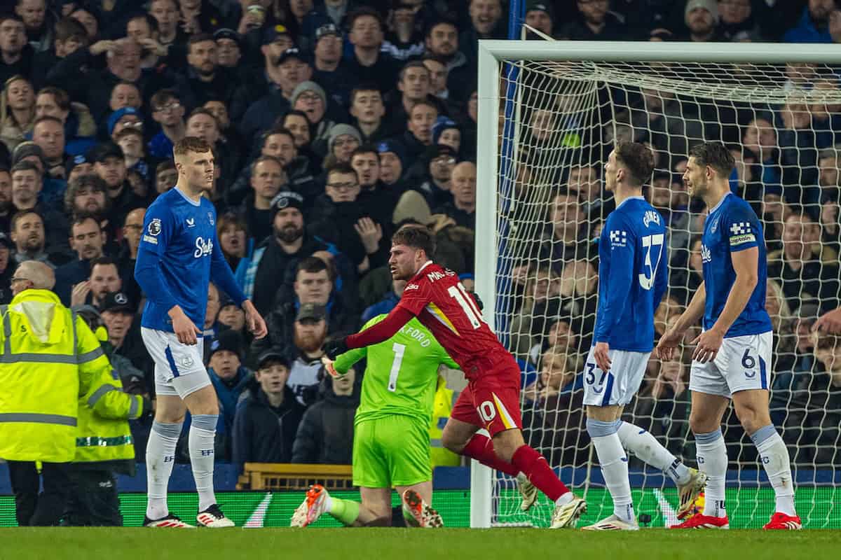 LIVERPOOL, ENGLAND - Wednesday, February 12, 2025: Liverpool's Alexis Mac Allister celebrates after scoring his side's first equalising goal during the FA Premier League match between Everton FC and Liverpool FC, the 245th Merseyside Derby and the last one at Goodison Park. (Photo by David Rawcliffe/Propaganda)