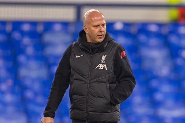 LIVERPOOL, ENGLAND - Wednesday, February 12, 2025: Liverpool's head coach Arne Slot arrives before the FA Premier League match between Everton FC and Liverpool FC, the 245th Merseyside Derby and the last one at Goodison Park. (Photo by David Rawcliffe/Propaganda)