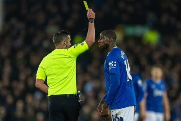 LIVERPOOL, ENGLAND - Wednesday, February 12, 2025: Everton's Abdoulaye Doucouré is shown a yellow card by referee Michael Oliver during the FA Premier League match between Everton FC and Liverpool FC, the 245th Merseyside Derby and the last one at Goodison Park. (Photo by David Rawcliffe/Propaganda)