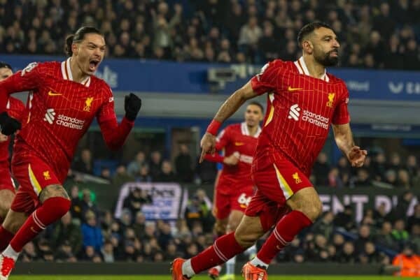 LIVERPOOL, ENGLAND - Wednesday, February 12, 2025: Liverpool's Mohamed Salah celebrates after scoring his side's second goal during the FA Premier League match between Everton FC and Liverpool FC, the 245th Merseyside Derby and the last one at Goodison Park. (Photo by David Rawcliffe/Propaganda)