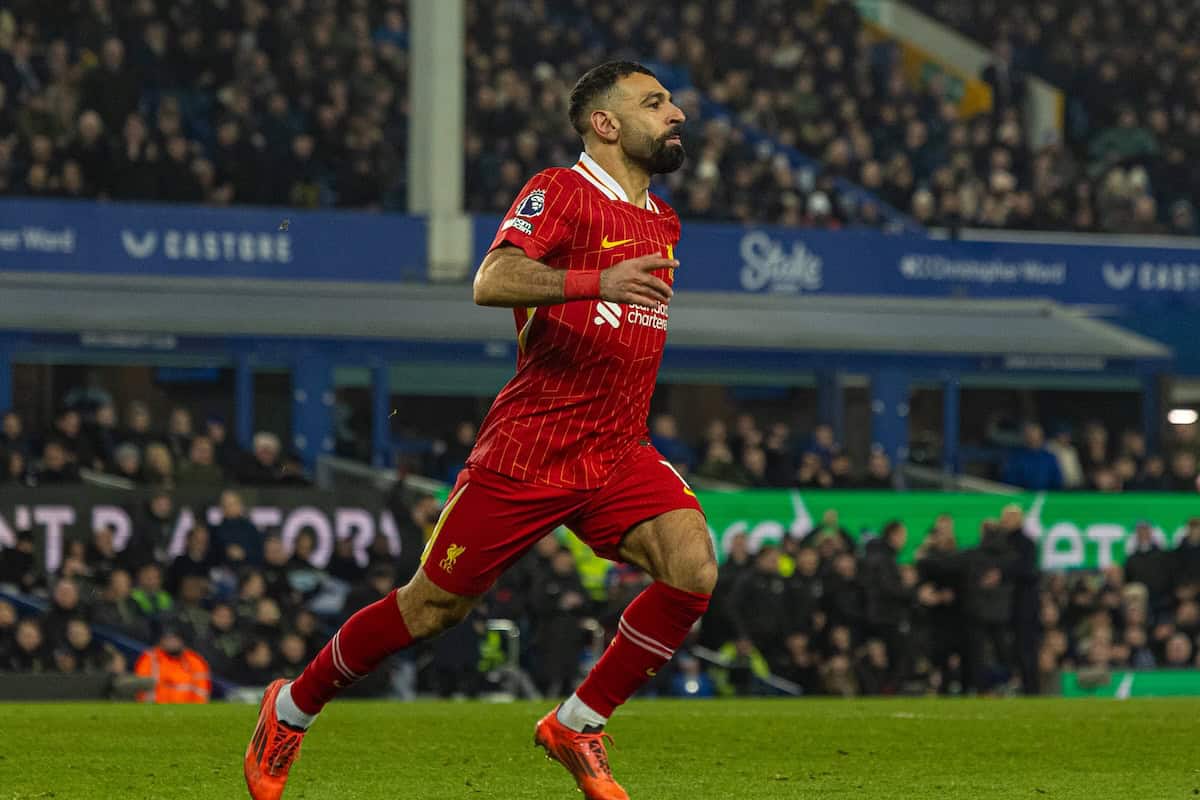 LIVERPOOL, ENGLAND - Wednesday, February 12, 2025: Liverpool's Mohamed Salah celebrates after scoring his side's second goal during the FA Premier League match between Everton FC and Liverpool FC, the 245th Merseyside Derby and the last one at Goodison Park. (Photo by David Rawcliffe/Propaganda)