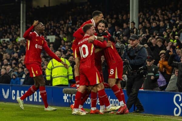 LIVERPOOL, ENGLAND - Wednesday, February 12, 2025: Liverpool's Mohamed Salah celebrates after scoring his side's second goal during the FA Premier League match between Everton FC and Liverpool FC, the 245th Merseyside Derby and the last one at Goodison Park. (Photo by David Rawcliffe/Propaganda)