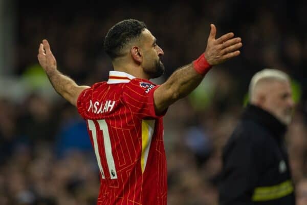 LIVERPOOL, ENGLAND - Wednesday, February 12, 2025: Liverpool's Mohamed Salah celebrates after scoring his side's second goal during the FA Premier League match between Everton FC and Liverpool FC, the 245th Merseyside Derby and the last one at Goodison Park. (Photo by David Rawcliffe/Propaganda)