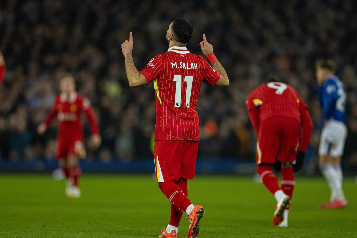 LIVERPOOL, ENGLAND - Wednesday, February 12, 2025: Liverpool's Mohamed Salah celebrates after scoring his side's second goal during the FA Premier League match between Everton FC and Liverpool FC, the 245th Merseyside Derby and the last one at Goodison Park. (Photo by David Rawcliffe/Propaganda)