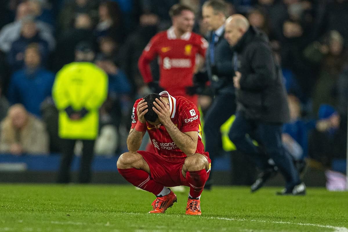 LIVERPOOL, ENGLAND - Wednesday, February 12, 2025: Liverpool's Mohamed Salah reacts after Everton score a second goal during the FA Premier League match between Everton FC and Liverpool FC, the 245th Merseyside Derby and the last one at Goodison Park. (Photo by David Rawcliffe/Propaganda)