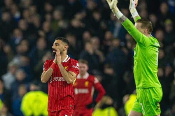 LIVERPOOL, ENGLAND - Wednesday, February 12, 2025: Liverpool's Mohamed Salah reacts after Everton score a second goal during the FA Premier League match between Everton FC and Liverpool FC, the 245th Merseyside Derby and the last one at Goodison Park. (Photo by David Rawcliffe/Propaganda)