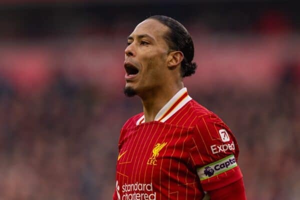 LIVERPOOL, ENGLAND - Sunday, February 16, 2025: Liverpool's captain Virgil van Dijk during the FA Premier League match between Liverpool FC and Wolverhampton Wanderers FC at Anfield. (Photo by David Rawcliffe/Propaganda)