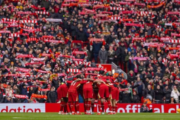 LIVERPOOL, ENGLAND - Sunday, February 16, 2025: Liverpool players form a pre-match huddle before the FA Premier League match between Liverpool FC and Wolverhampton Wanderers FC at Anfield. (Photo by David Rawcliffe/Propaganda)