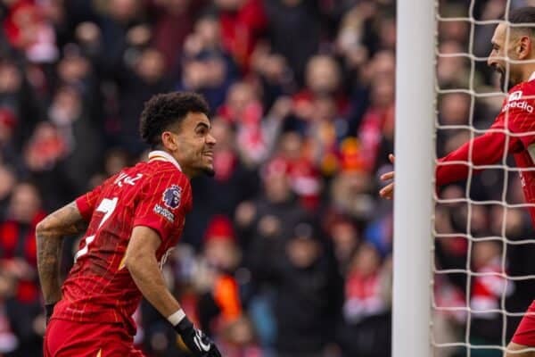 LIVERPOOL, ENGLAND - Sunday, February 16, 2025: Liverpool's Luis Díaz celebrates after scoring the first goal during the FA Premier League match between Liverpool FC and Wolverhampton Wanderers FC at Anfield. (Photo by David Rawcliffe/Propaganda)