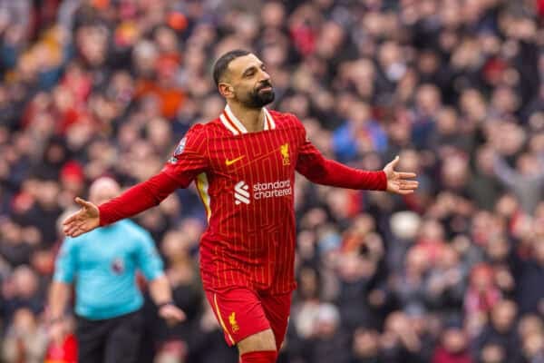 LIVERPOOL, ENGLAND - Sunday, February 16, 2025: Liverpool's Mohamed Salah celebrates after scoring the second goal during the FA Premier League match between Liverpool FC and Wolverhampton Wanderers FC at Anfield. (Photo by David Rawcliffe/Propaganda)