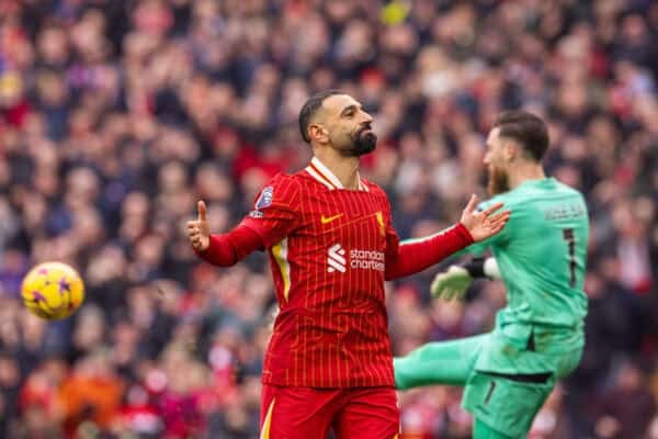 LIVERPOOL, ENGLAND - Sunday, February 16, 2025: Liverpool's Mohamed Salah celebrates after scoring the second goal during the FA Premier League match between Liverpool FC and Wolverhampton Wanderers FC at Anfield. (Photo by David Rawcliffe/Propaganda)