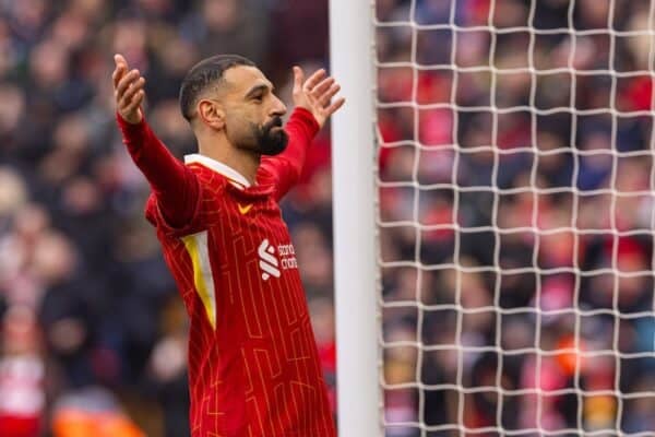 LIVERPOOL, ENGLAND - Sunday, February 16, 2025: Liverpool's Mohamed Salah celebrates after scoring the second goal during the FA Premier League match between Liverpool FC and Wolverhampton Wanderers FC at Anfield. (Photo by David Rawcliffe/Propaganda)