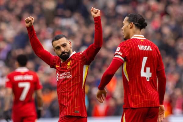 LIVERPOOL, ENGLAND - Sunday, February 16, 2025: Liverpool's Mohamed Salah celebrates after scoring the second goal during the FA Premier League match between Liverpool FC and Wolverhampton Wanderers FC at Anfield. (Photo by David Rawcliffe/Propaganda)