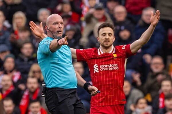 LIVERPOOL, ENGLAND - Sunday, February 16, 2025: Referee Simon Hooper awards Liverpool a penalty during the FA Premier League match between Liverpool FC and Wolverhampton Wanderers FC at Anfield. (Photo by David Rawcliffe/Propaganda)