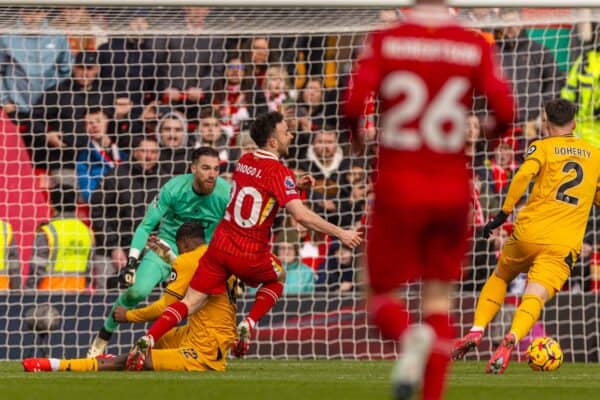 LIVERPOOL, ENGLAND - Sunday, February 16, 2025: Liverpool's Diogo Jota is brought down by Wolverhampton Wanderers' Emmanuel Elysee Djedje Agbadou Badobre but no penalty was awarded during the FA Premier League match between Liverpool FC and Wolverhampton Wanderers FC at Anfield. (Photo by David Rawcliffe/Propaganda)