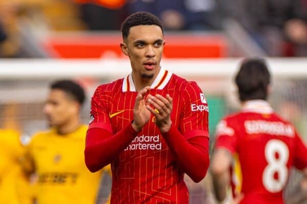 LIVERPOOL, ENGLAND - Sunday, February 16, 2025: Liverpool's Trent Alexander-Arnold applauds the supporters as he is substituted during the FA Premier League match between Liverpool FC and Wolverhampton Wanderers FC at Anfield. (Photo by David Rawcliffe/Propaganda)