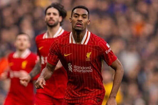 LIVERPOOL, ENGLAND - Sunday, February 16, 2025: Liverpool's Ryan Gravenberch during the FA Premier League match between Liverpool FC and Wolverhampton Wanderers FC at Anfield. (Photo by David Rawcliffe/Propaganda)