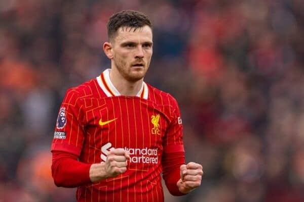 LIVERPOOL, ENGLAND - Sunday, February 16, 2025: Liverpool's Andy Robertson celebrates at the final whistle during the FA Premier League match between Liverpool FC and Wolverhampton Wanderers FC at Anfield. Liverpool won 2-1. (Photo by David Rawcliffe/Propaganda)