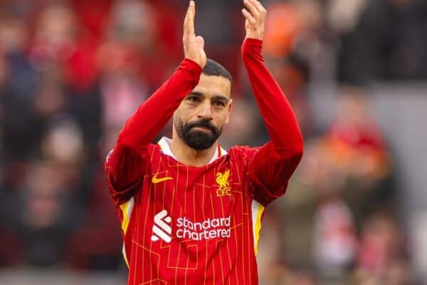 LIVERPOOL, ENGLAND - Sunday, February 16, 2025: Liverpool's Mohamed Salah celebrates at the final whistle during the FA Premier League match between Liverpool FC and Wolverhampton Wanderers FC at Anfield. Liverpool won 2-1. (Photo by David Rawcliffe/Propaganda)