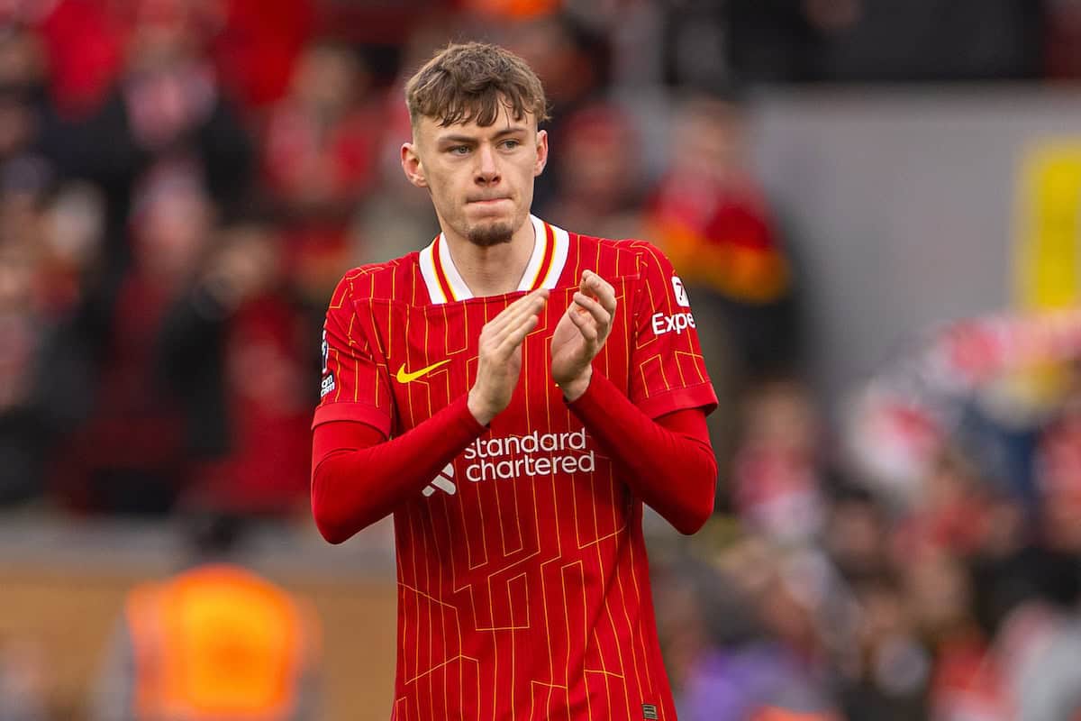 LIVERPOOL, ENGLAND - Sunday, February 16, 2025: Liverpool's Conor Bradley celebrates at the final whistle during the FA Premier League match between Liverpool FC and Wolverhampton Wanderers FC at Anfield. Liverpool won 2-1. (Photo by David Rawcliffe/Propaganda)