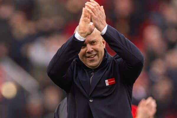 LIVERPOOL, ENGLAND - Sunday, February 16, 2025: Liverpool's head coach Arne Slot celebrates at the final whistle during the FA Premier League match between Liverpool FC and Wolverhampton Wanderers FC at Anfield. Liverpool won 2-1. (Photo by David Rawcliffe/Propaganda)