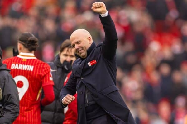 LIVERPOOL, ENGLAND - Sunday, February 16, 2025: Liverpool's head coach Arne Slot celebrates at the final whistle during the FA Premier League match between Liverpool FC and Wolverhampton Wanderers FC at Anfield. Liverpool won 2-1. (Photo by David Rawcliffe/Propaganda)