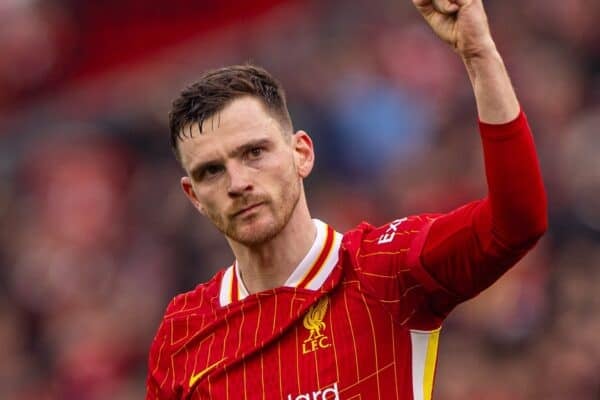 LIVERPOOL, ENGLAND - Sunday, February 16, 2025: Liverpool's Andy Robertson celebrates at the final whistle during the FA Premier League match between Liverpool FC and Wolverhampton Wanderers FC at Anfield. Liverpool won 2-1. (Photo by David Rawcliffe/Propaganda)