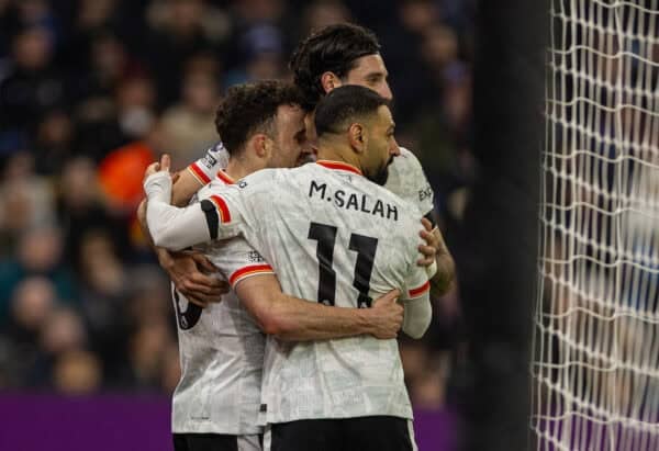 BIRMINGHAM, ENGLAND - Wednesday, February 19, 2025: Liverpool's Mohamed Salah (R) celebrates with team-mates after scoring the first goal during the FA Premier League match between Aston Villa FC and Liverpool FC at Villa Park. (Photo by David Rawcliffe/Propaganda)