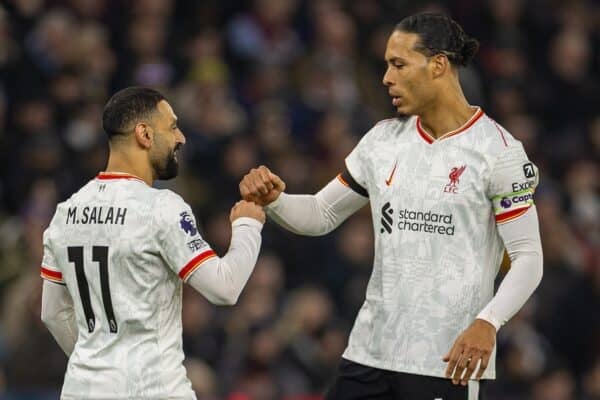 BIRMINGHAM, ENGLAND - Wednesday, February 19, 2025: Liverpool's Mohamed Salah (L) celebrates with team-mate captain Virgil van Dijk after scoring the first goal during the FA Premier League match between Aston Villa FC and Liverpool FC at Villa Park. (Photo by David Rawcliffe/Propaganda)