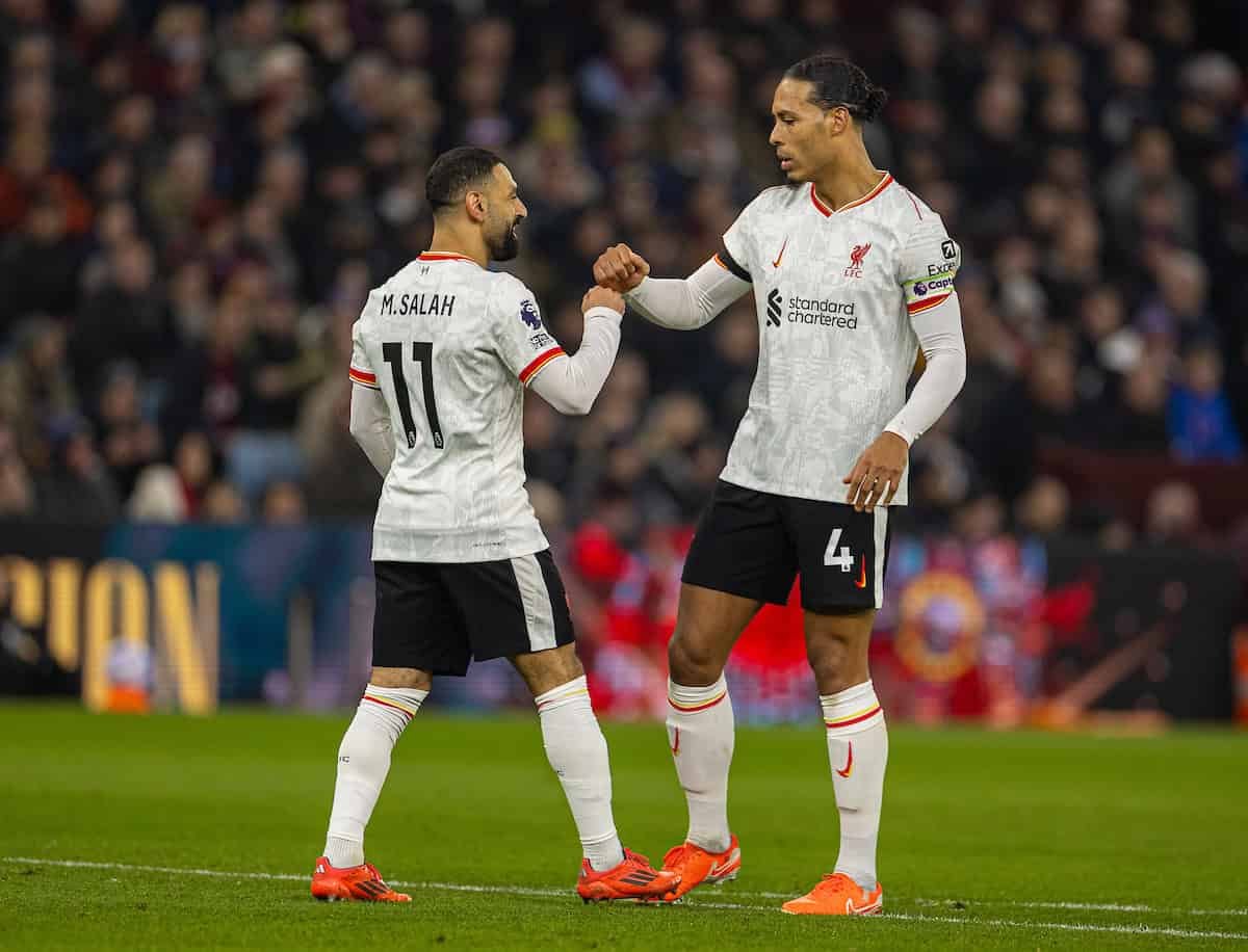 BIRMINGHAM, ENGLAND - Wednesday, February 19, 2025: Liverpool's Mohamed Salah (L) celebrates with team-mate captain Virgil van Dijk after scoring the first goal during the FA Premier League match between Aston Villa FC and Liverpool FC at Villa Park. (Photo by David Rawcliffe/Propaganda)