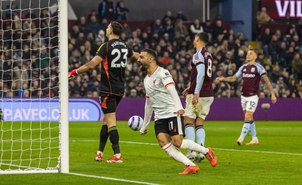 BIRMINGHAM, ENGLAND - Wednesday, February 19, 2025: Liverpool's Mohamed Salah celebrates after scoring the first goal during the FA Premier League match between Aston Villa FC and Liverpool FC at Villa Park. (Photo by David Rawcliffe/Propaganda)