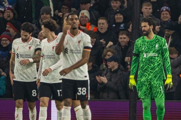 BIRMINGHAM, ENGLAND - Wednesday, February 19, 2025: Liverpool's goalkeeper Alisson Becker reacts as Aston Villa score the first equalising goal during the FA Premier League match between Aston Villa FC and Liverpool FC at Villa Park. (Photo by David Rawcliffe/Propaganda)