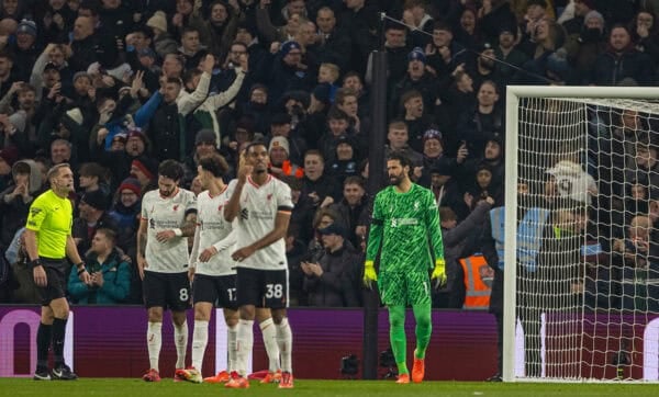 BIRMINGHAM, ENGLAND - Wednesday, February 19, 2025: Liverpool's goalkeeper Alisson Becker reacts as Aston Villa score the first equalising goal during the FA Premier League match between Aston Villa FC and Liverpool FC at Villa Park. (Photo by David Rawcliffe/Propaganda)