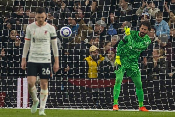 BIRMINGHAM, ENGLAND - Wednesday, February 19, 2025: Liverpool's goalkeeper Alisson Becker reacts after Aston Villa's second goal during the FA Premier League match between Aston Villa FC and Liverpool FC at Villa Park. (Photo by David Rawcliffe/Propaganda)