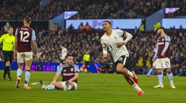 BIRMINGHAM, ENGLAND - Wednesday, February 19, 2025: Liverpool's Trent Alexander-Arnold celebrates after scoring his side's second goal during the FA Premier League match between Aston Villa FC and Liverpool FC at Villa Park. (Photo by David Rawcliffe/Propaganda)