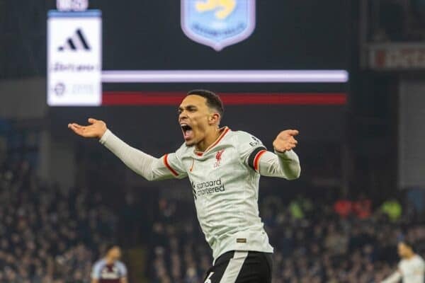 BIRMINGHAM, ENGLAND - Wednesday, February 19, 2025: Liverpool's Trent Alexander-Arnold celebrates after scoring his side's second goal during the FA Premier League match between Aston Villa FC and Liverpool FC at Villa Park. (Photo by David Rawcliffe/Propaganda)