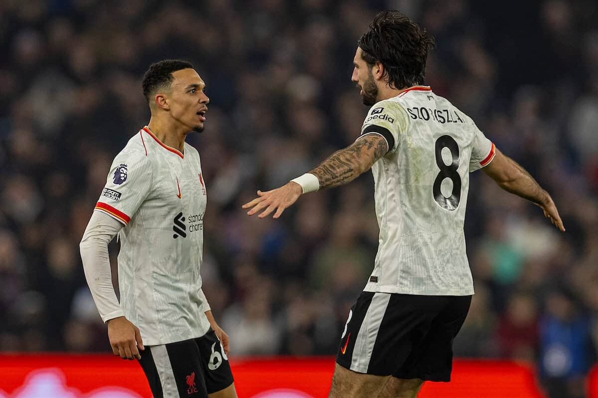 BIRMINGHAM, ENGLAND - Wednesday, February 19, 2025: Liverpool's Trent Alexander-Arnold celebrates after scoring his side's second goal during the FA Premier League match between Aston Villa FC and Liverpool FC at Villa Park. (Photo by David Rawcliffe/Propaganda)