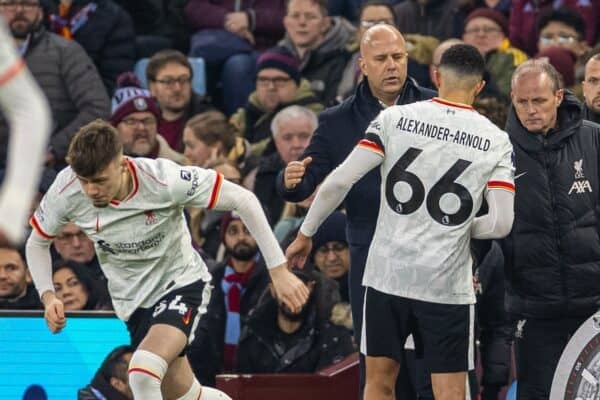 BIRMINGHAM, ENGLAND - Wednesday, February 19, 2025: Liverpool's Trent Alexander-Arnold is substituted by head coach Arne Slot during the FA Premier League match between Aston Villa FC and Liverpool FC at Villa Park. (Photo by David Rawcliffe/Propaganda)