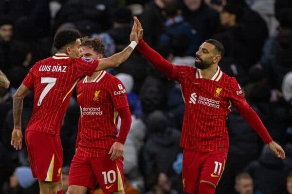 MANCHESTER, ENGLAND - Sunday, February 23, 2025: Liverpool's Mohamed Salah (R) celebrates with team-mate Luis Díaz after scoring the first goal during the FA Premier League match between Manchester City FC and Liverpool FC at the City of Manchester Stadium. (Photo by David Rawcliffe/Propaganda)