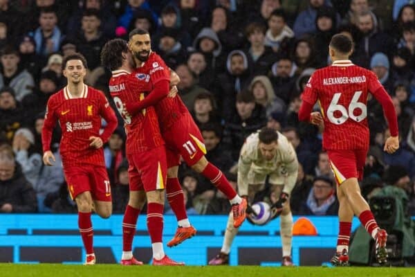 MANCHESTER, ENGLAND - Sunday, February 23, 2025: Liverpool's Dominik Szoboszlai (L) celebrates with team-mate Mohamed Salah after scoring the second goal during the FA Premier League match between Manchester City FC and Liverpool FC at the City of Manchester Stadium. (Photo by David Rawcliffe/Propaganda)