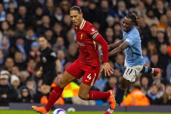 MANCHESTER, ENGLAND - Sunday, February 23, 2025: Liverpool's captain Virgil van Dijk shields the ball from Manchester City's Jérémy Doku during the FA Premier League match between Manchester City FC and Liverpool FC at the City of Manchester Stadium. (Photo by David Rawcliffe/Propaganda)