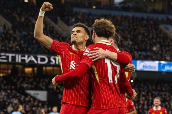 MANCHESTER, ENGLAND - Sunday, February 23, 2025: Liverpool's Curtis Jones celebrates after scoring the third goal, but it is disallowed for off-side, during the FA Premier League match between Manchester City FC and Liverpool FC at the City of Manchester Stadium. (Photo by David Rawcliffe/Propaganda)