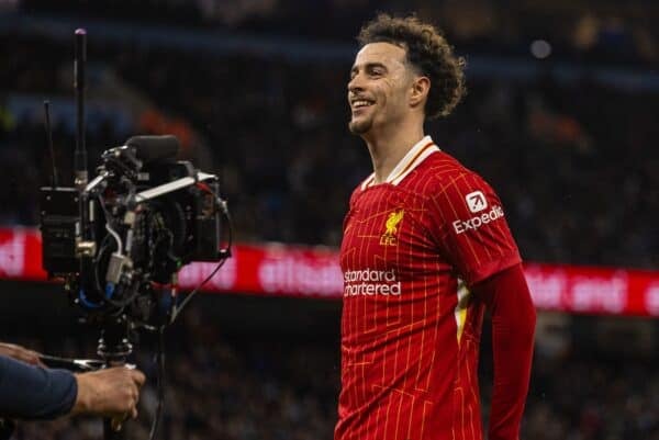 MANCHESTER, ENGLAND - Sunday, February 23, 2025: Liverpool's Curtis Jones celebrates after scoring the third goal, but it is disallowed for off-side, during the FA Premier League match between Manchester City FC and Liverpool FC at the City of Manchester Stadium. (Photo by David Rawcliffe/Propaganda)